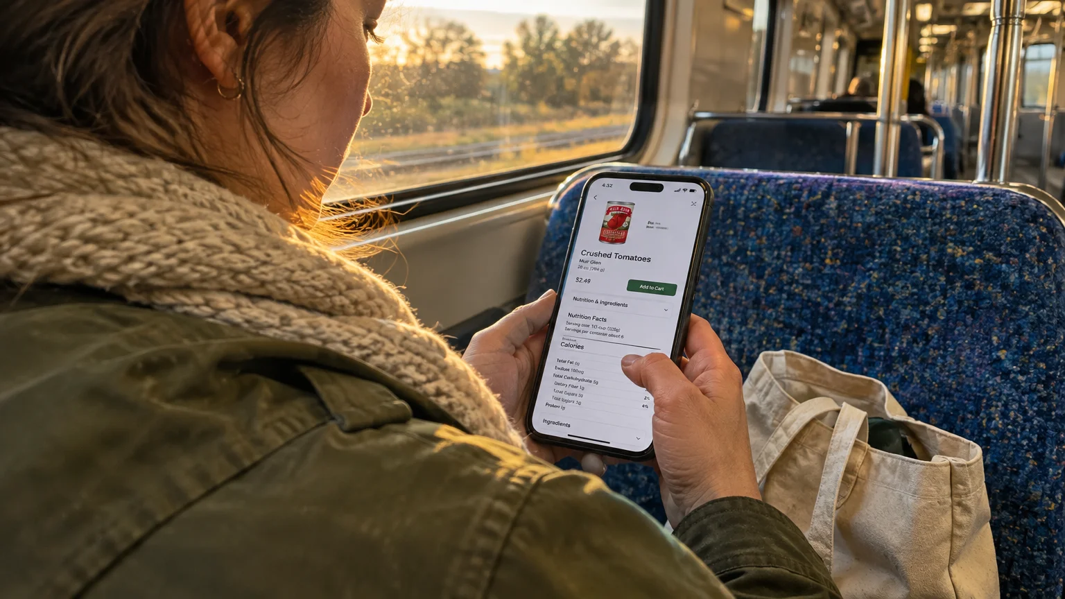 Person on a train holding a smartphone displaying nutrition facts for crushed tomatoes on a grocery app.