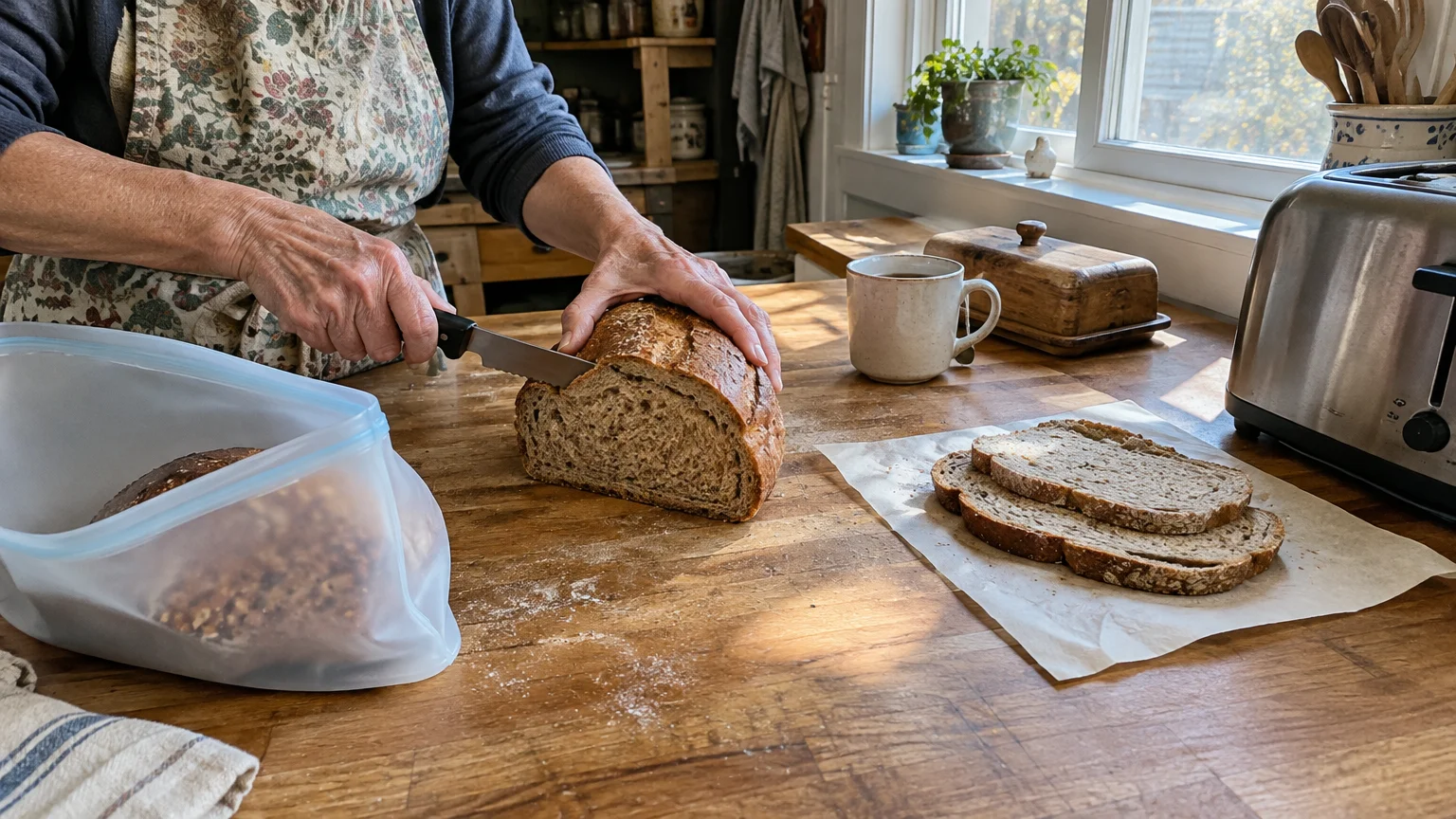 Hands slicing a whole wheat bread loaf on a wooden counter beside sliced bread, a reusable bag, and a toaster.