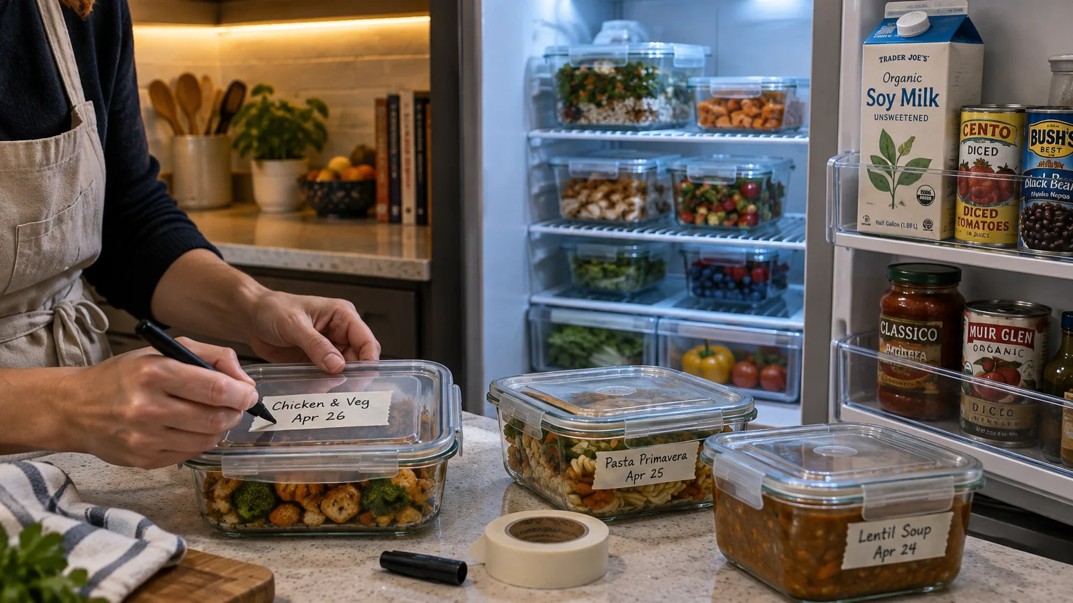 A person writing dates and labels on glass meal prep containers in front of an open, organized refrigerator.