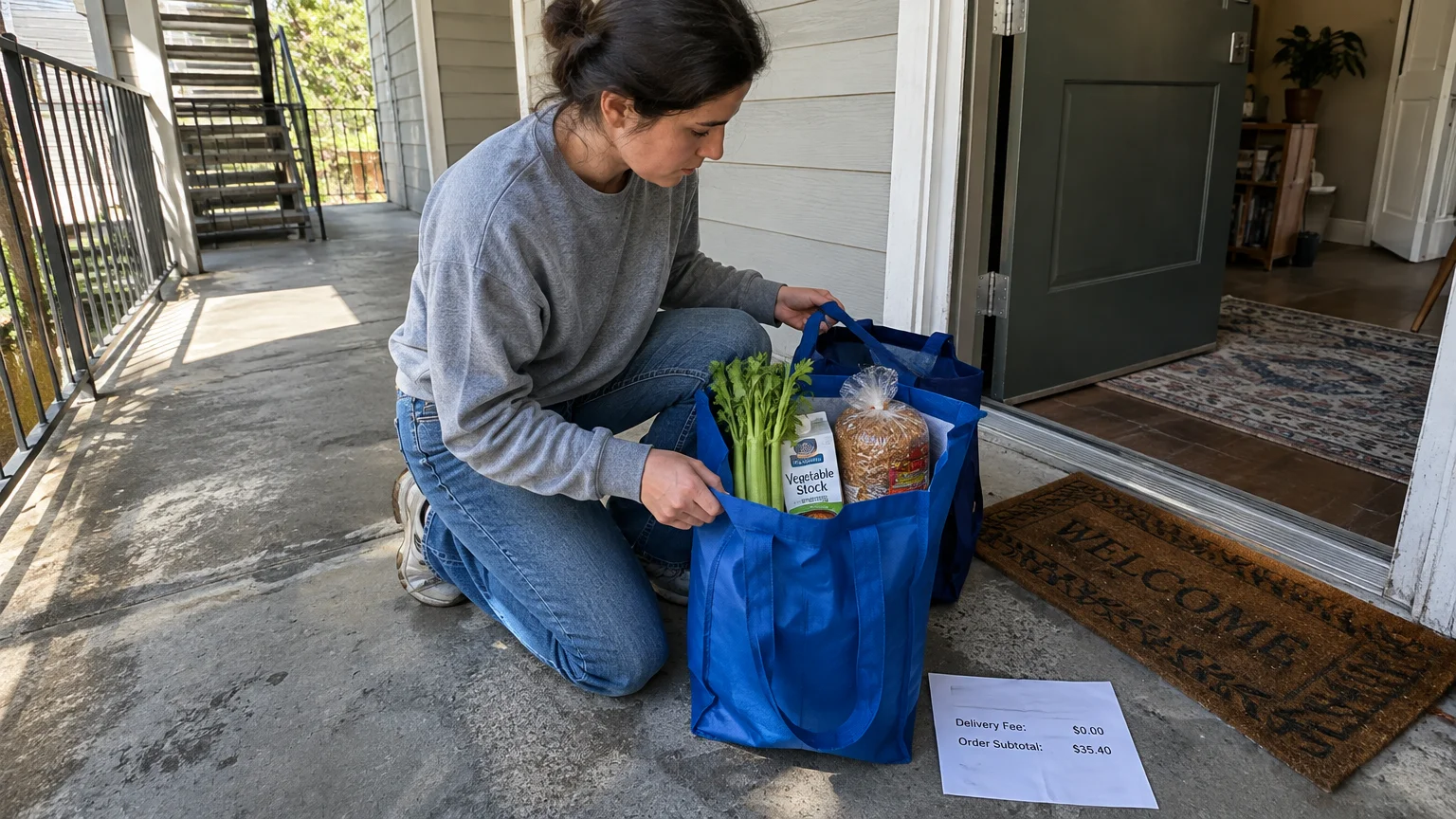 A woman kneels on an apartment porch unpacking celery and groceries from blue reusable bags next to a printed delivery receipt.