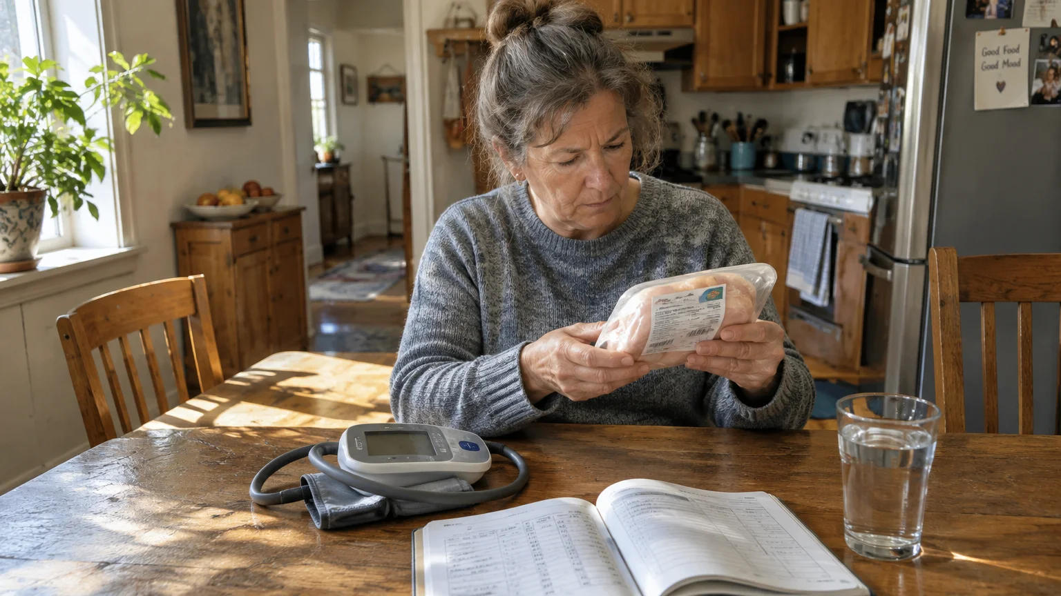 A woman sits at a wooden table reading a packaged chicken label beside a blood pressure monitor and open logbook.