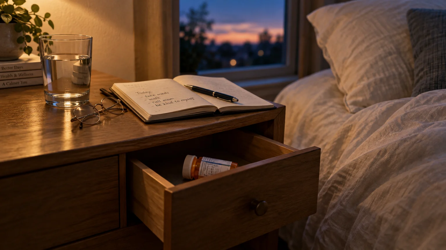 Pill bottle inside an open nightstand drawer next to a bed, beside a journal, eyeglasses, and water glass.