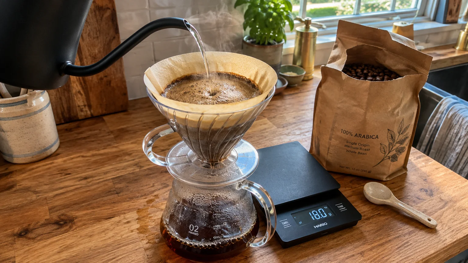 Hot water pouring from a gooseneck kettle into a pour-over paper filter over a glass carafe beside a bag of coffee beans.