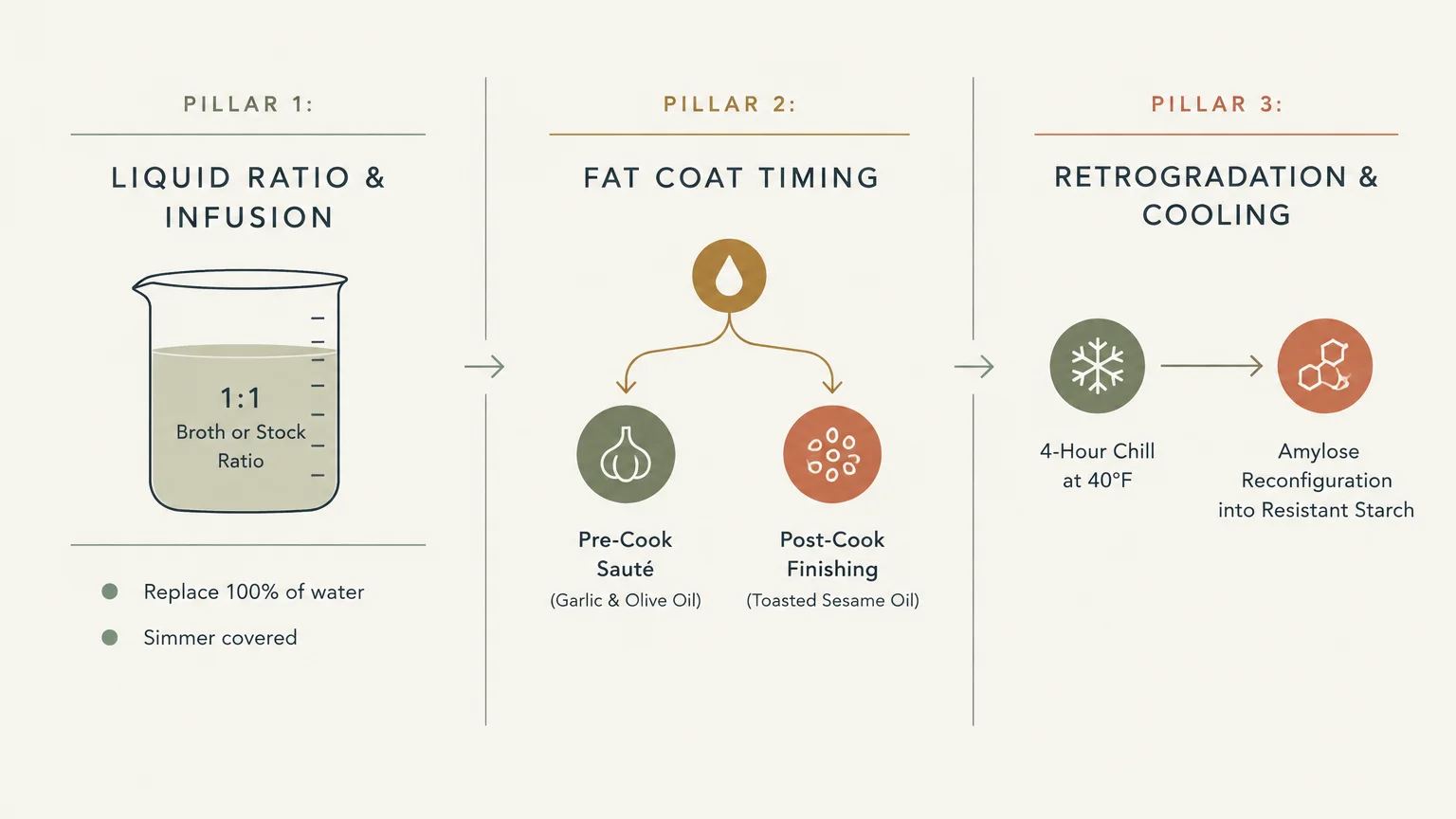 Three-pillar diagram detailing liquid ratio and infusion, fat coat timing, and retrogradation and cooling steps for rice.