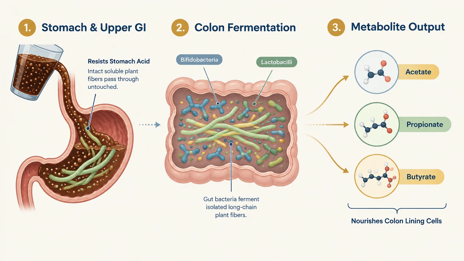 Three-step diagram of prebiotic digestion: stomach passage, colon fermentation by bacteria, and resulting metabolite output.
