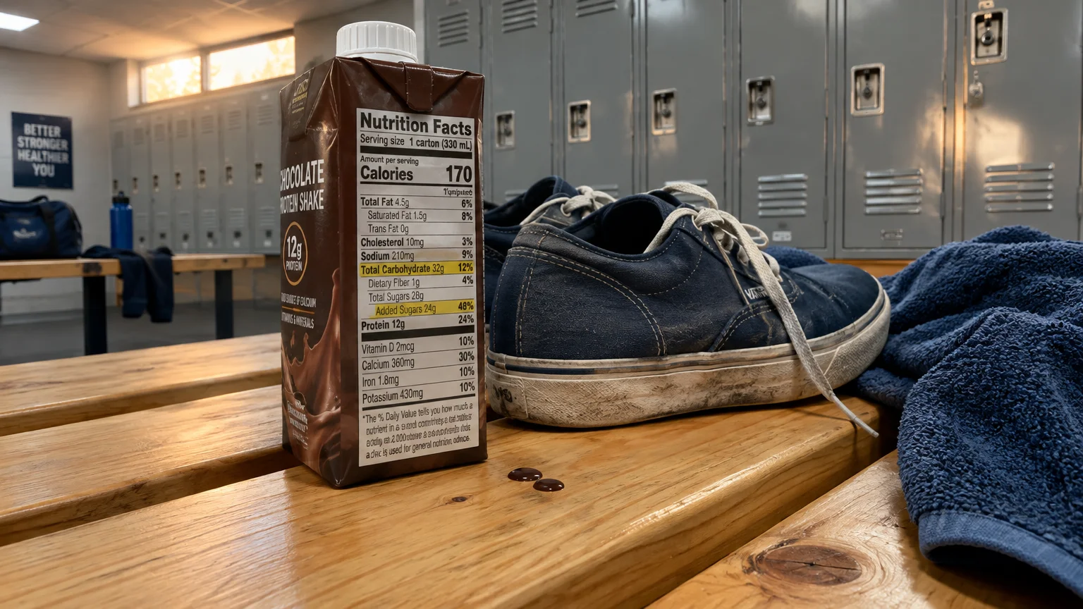 A carton of chocolate protein shake sits on a wooden locker room bench next to sneakers and a towel.
