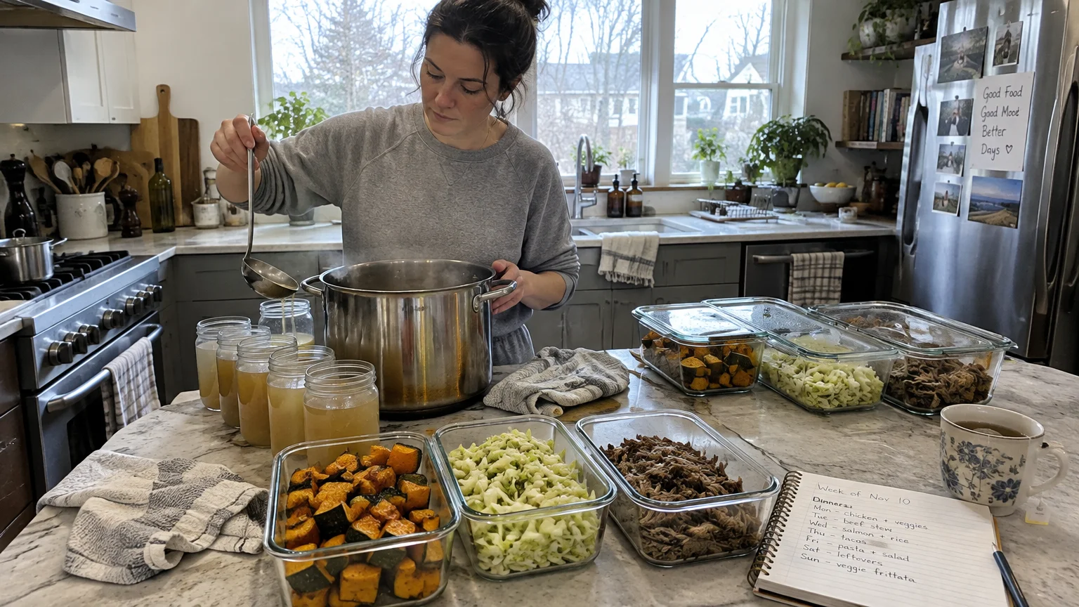 A woman in a kitchen ladles broth into glass jars alongside prepped food containers and a handwritten weekly meal plan.