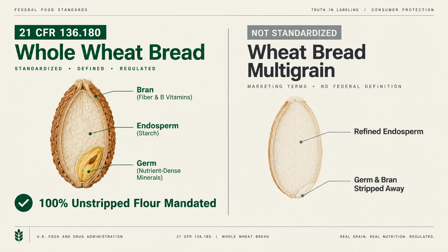 Diagram comparing whole wheat grain anatomy with bran, endosperm, and germ against a stripped, refined grain endosperm.