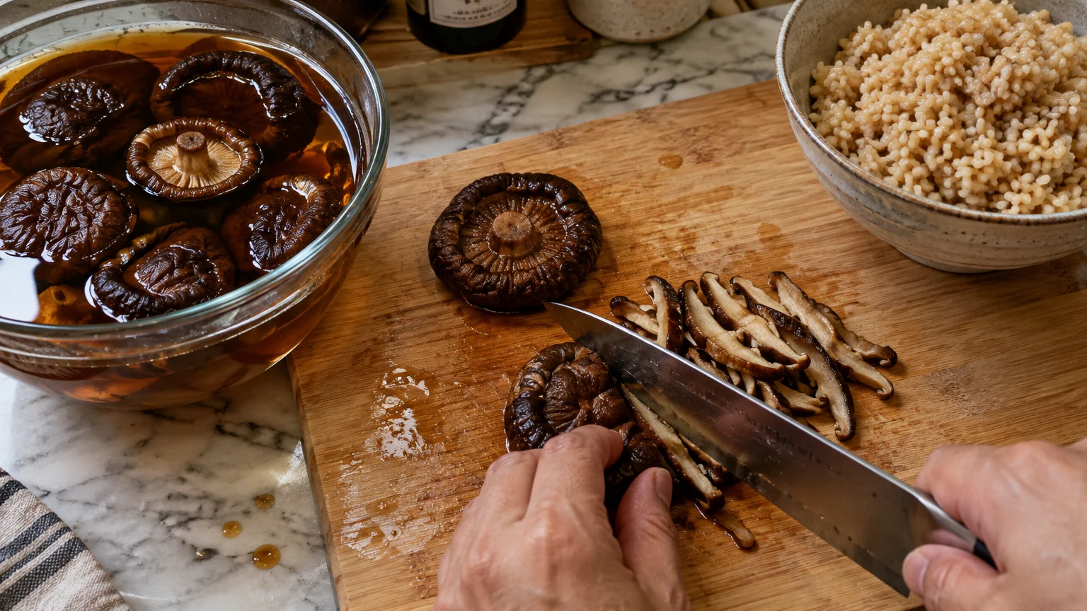 Hands slicing rehydrated shiitake mushrooms on a wooden board next to a bowl of soaked caps and cooked brown rice.