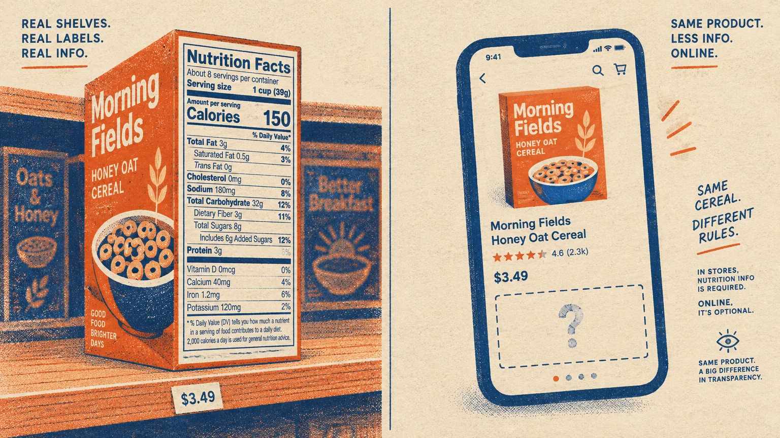 Split view comparing a physical cereal box showing nutrition facts with a smartphone app listing missing product details.