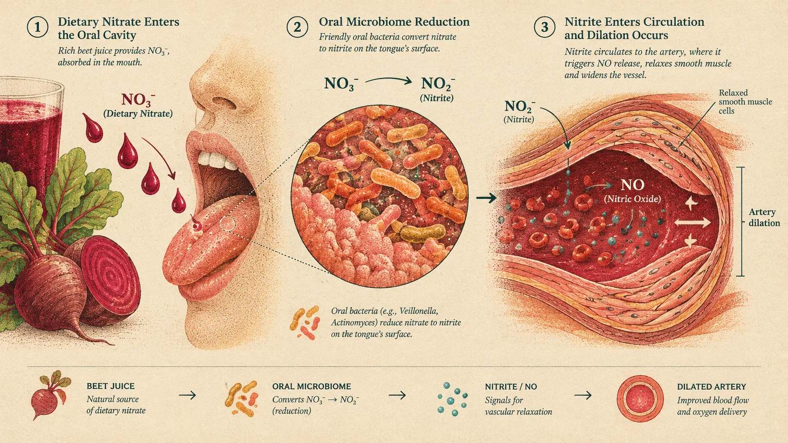 Medical diagram showing dietary nitrate from beet juice converted by oral bacteria on the tongue into nitrite, dilating an artery.