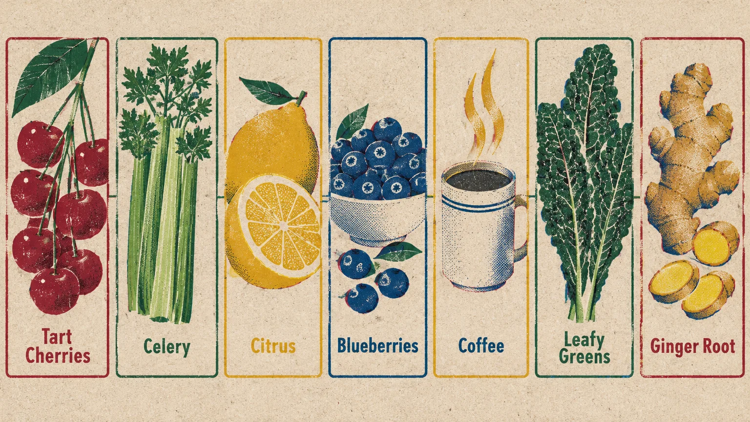 Seven illustrated panels showing tart cherries, celery, citrus, blueberries, coffee, leafy greens, and ginger root.