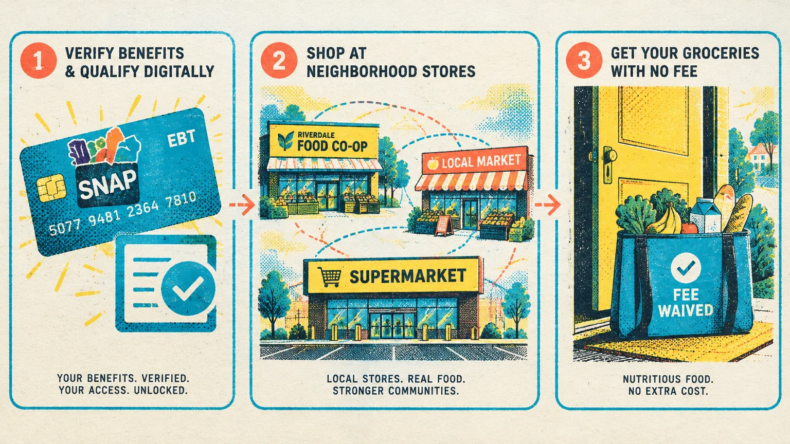 Three-panel graphic showing SNAP EBT card verification, local grocery storefronts, and a grocery bag delivered to a door.