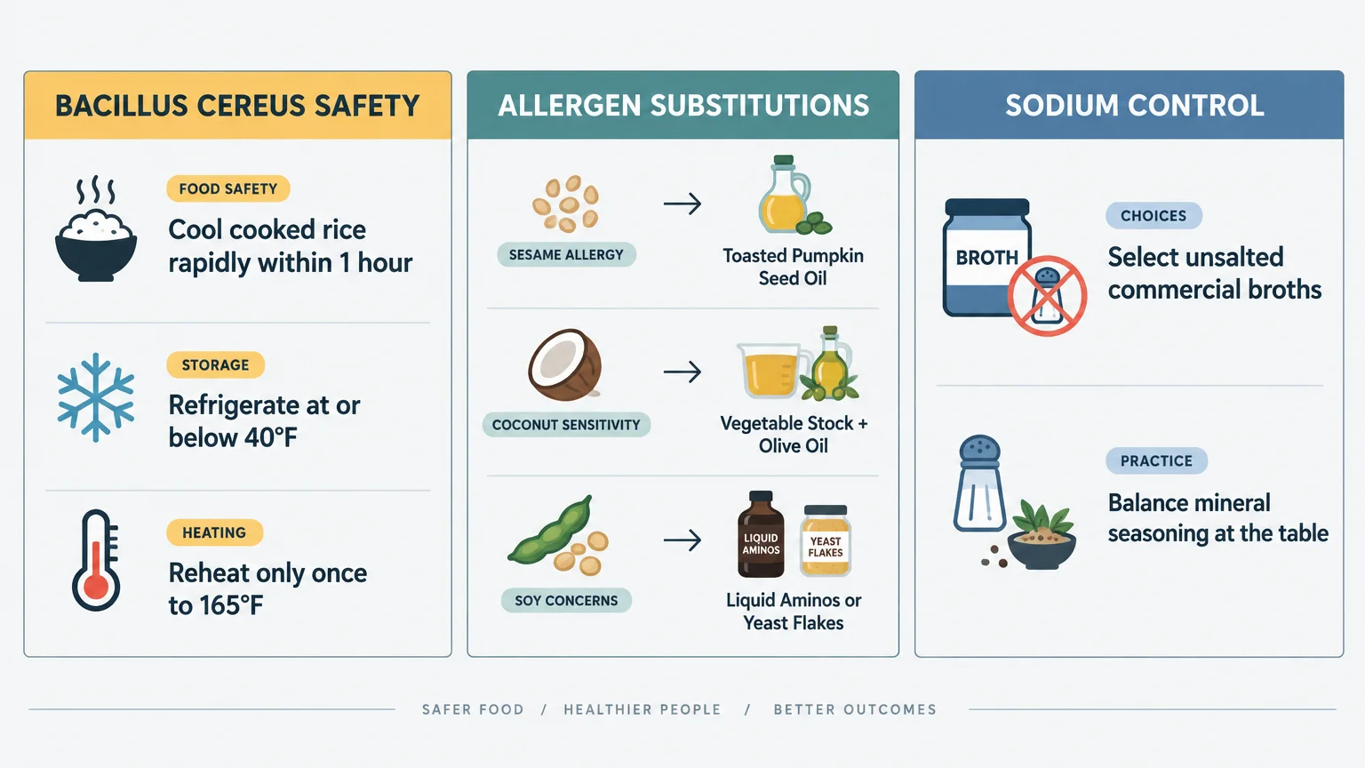 Infographic detailing Bacillus cereus safety tips, allergen substitutions for sesame, coconut, and soy, and sodium control.