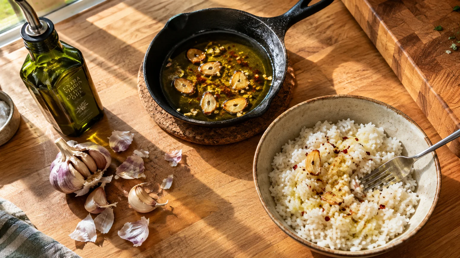 A bowl of white rice next to a small skillet of garlic sizzling in olive oil, garlic cloves, and an oil bottle.