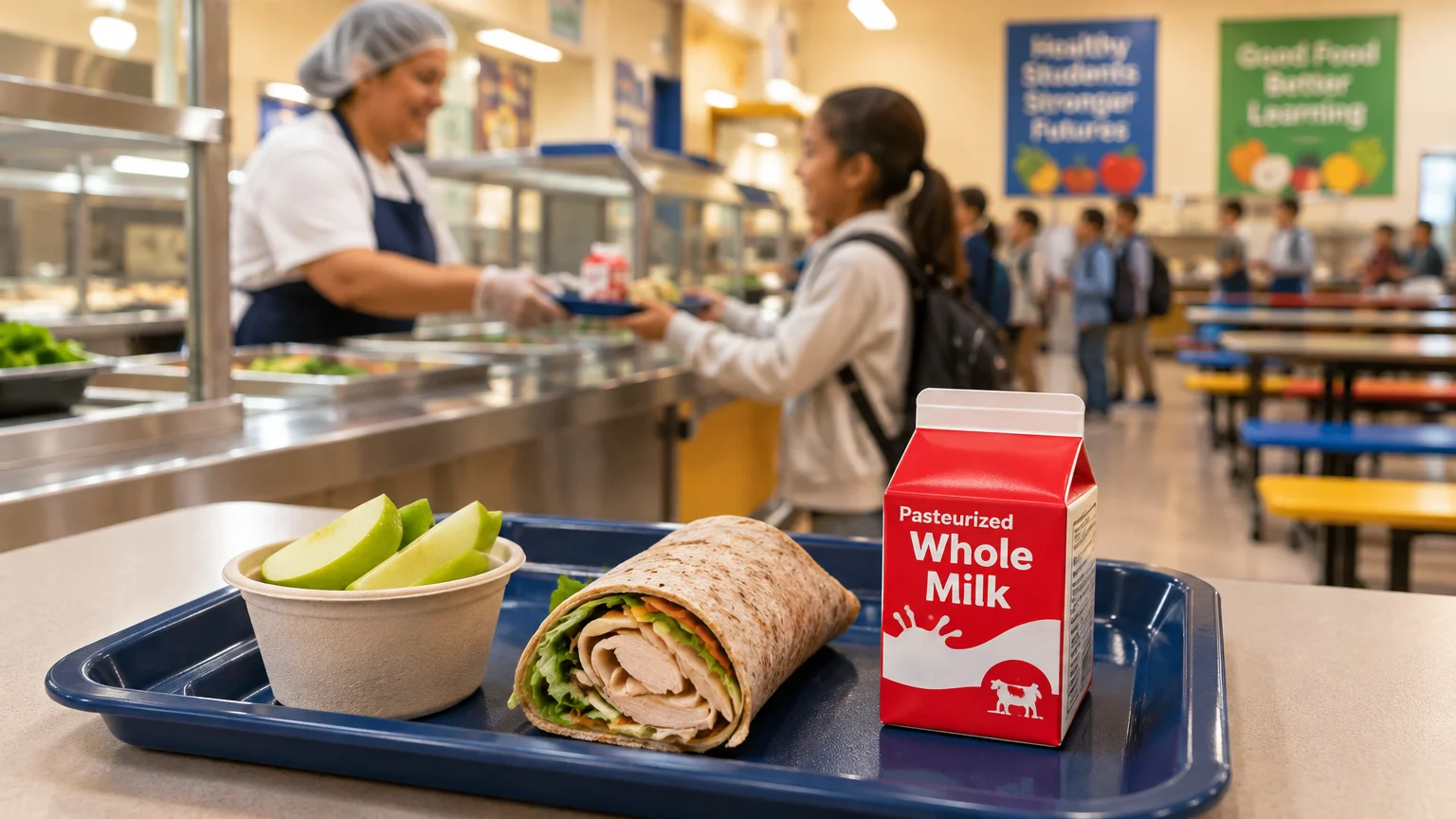 School lunch tray holding a red carton of whole milk, a turkey wrap, and sliced green apples in a busy cafeteria.