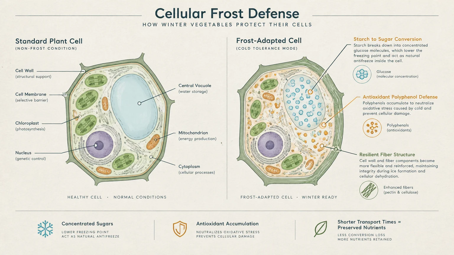 Diagram comparing a standard plant cell to a frost-adapted cell with cellular frost defense mechanisms labeled.