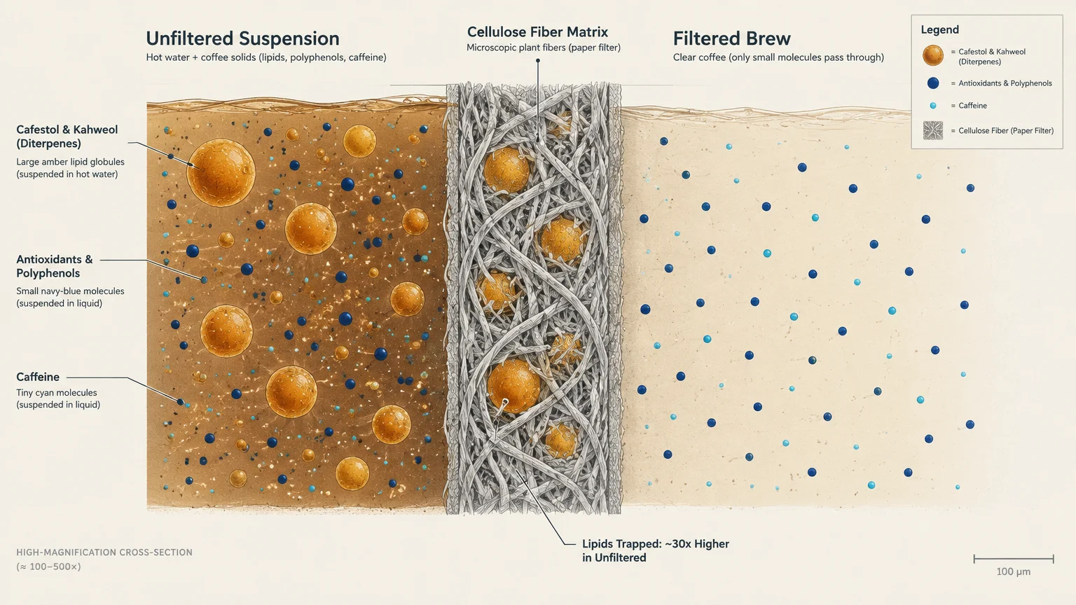 Diagram showing a cellulose fiber matrix trapping large amber lipid globules while smaller molecules pass into filtered brew.