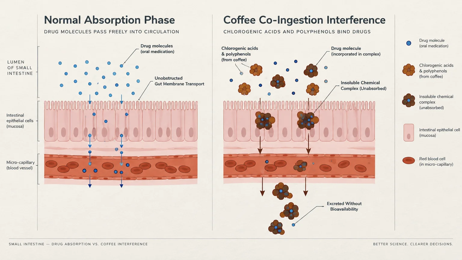Diagram comparing normal drug absorption across intestinal mucosa with coffee compounds binding molecules into unabsorbed complexes.