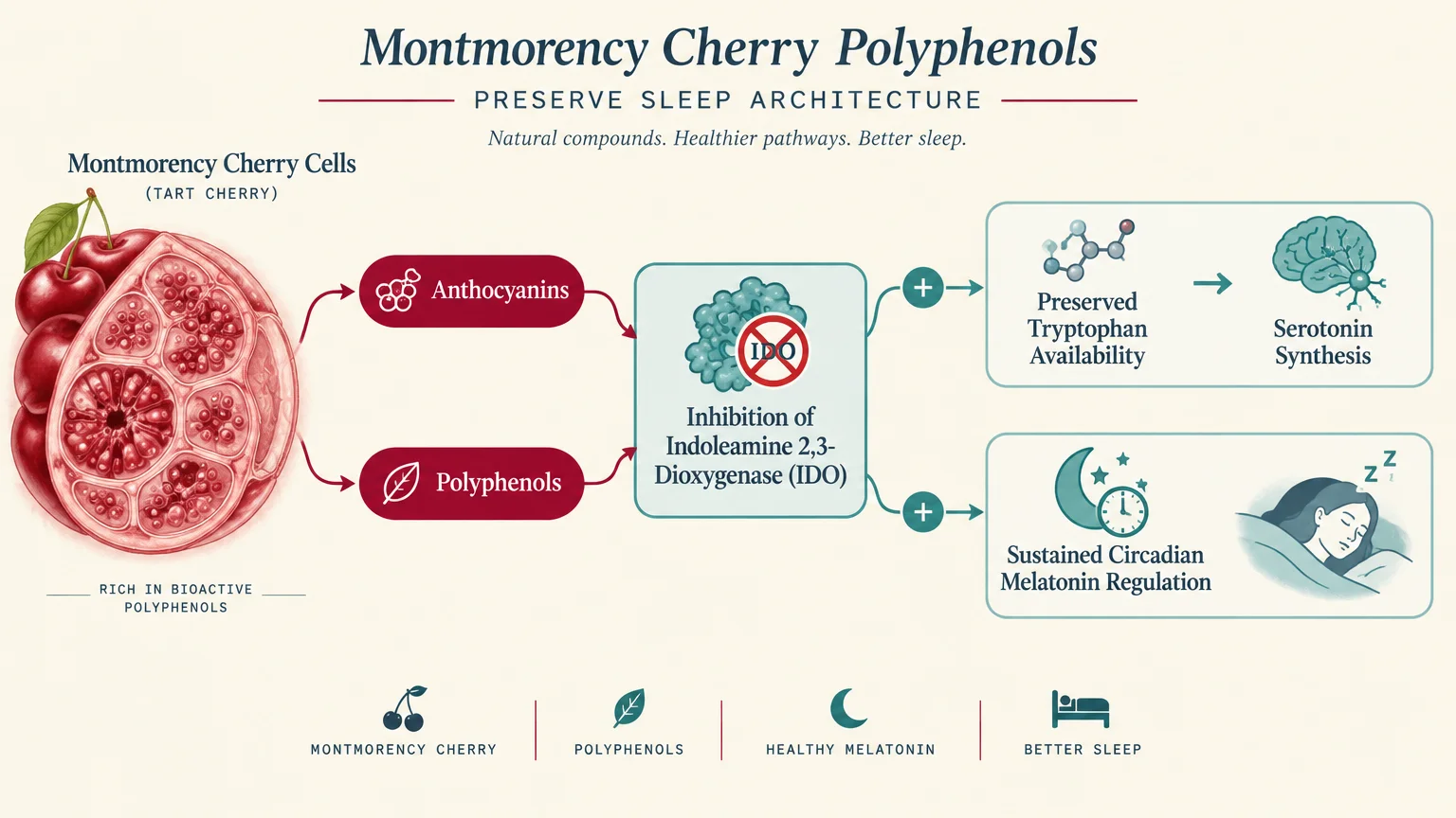 Diagram showing Montmorency cherry polyphenols inhibiting IDO to preserve tryptophan availability, serotonin, and melatonin.