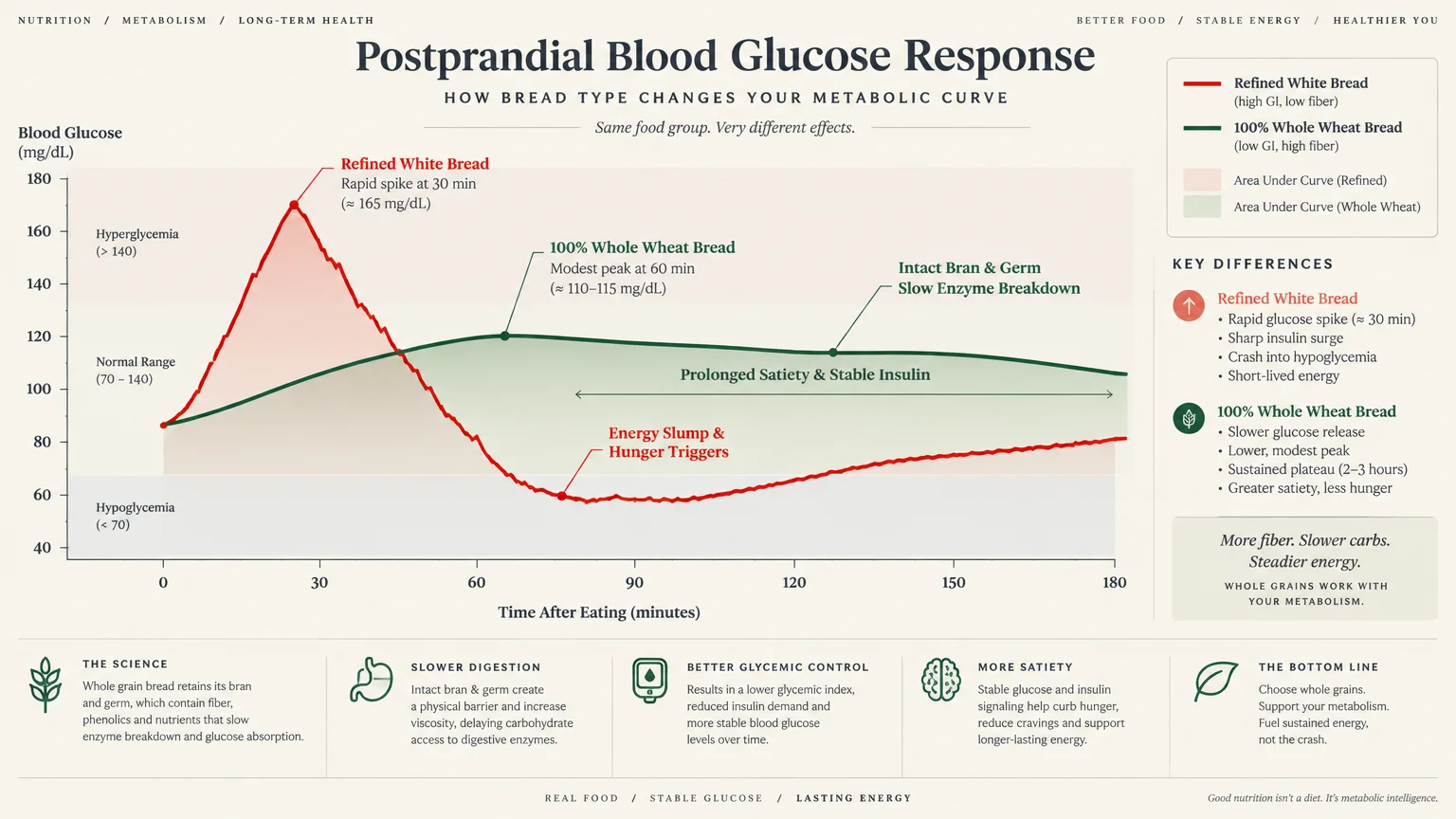 Line graph comparing postprandial blood glucose response curves between refined white bread and 100% whole wheat bread.