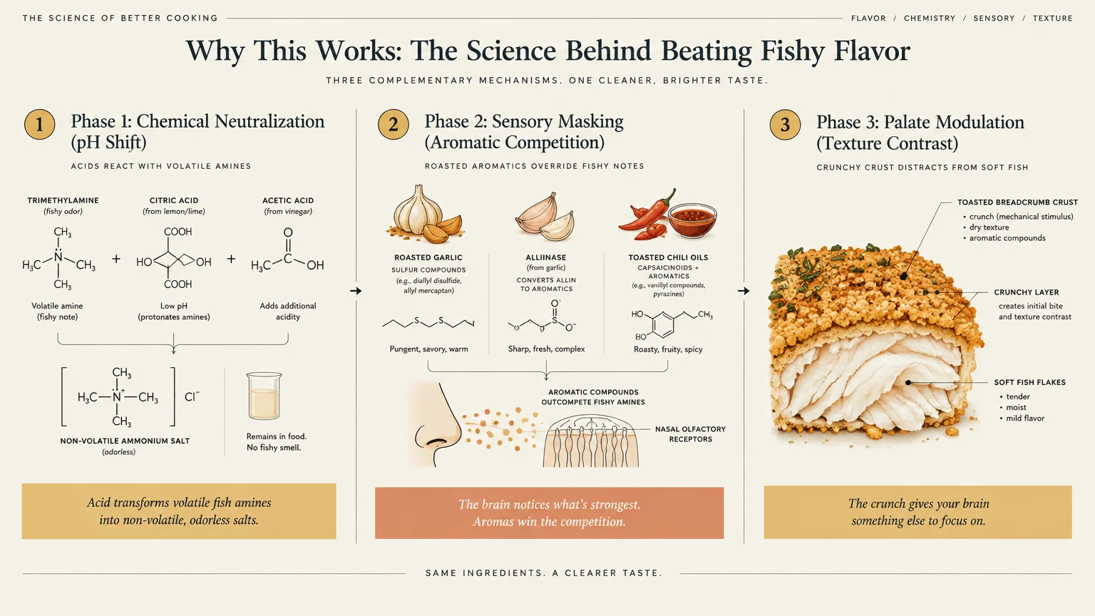 Diagram outlining three culinary phases: chemical neutralization with acids, sensory masking with aromatics, and texture.