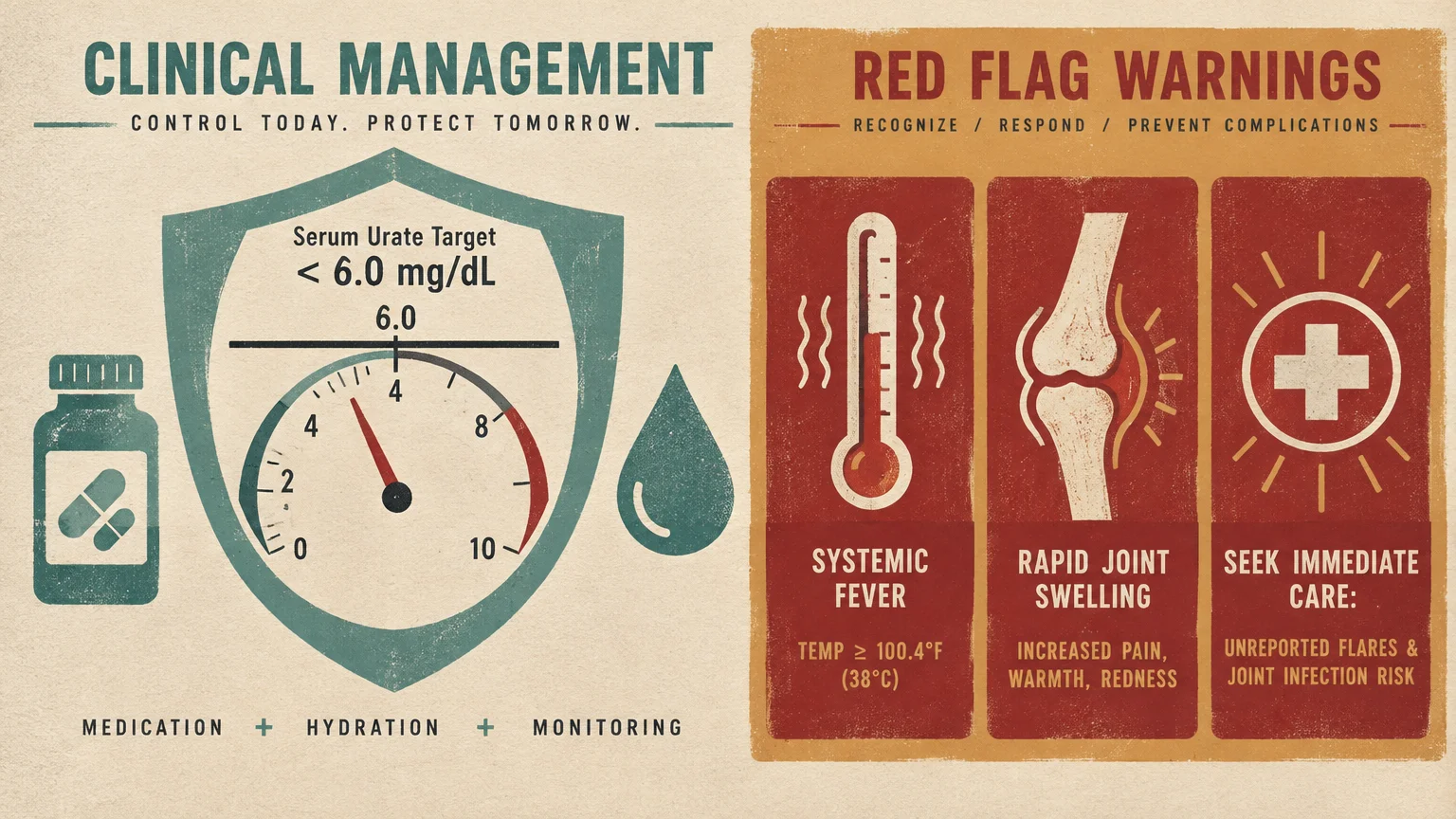 Infographic showing clinical management gauge, medicine, water drop, and red flag warnings for fever and joint swelling.