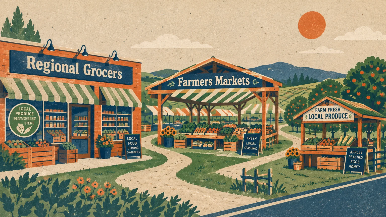 Illustration of a regional grocery storefront, an open-air farmers market pavilion, and a roadside produce stand.