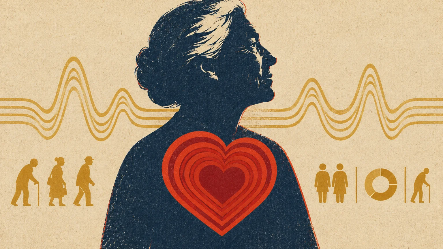 Illustration of an older woman's silhouette with concentric heart shapes, pulse waves, and demographic icons on beige paper.