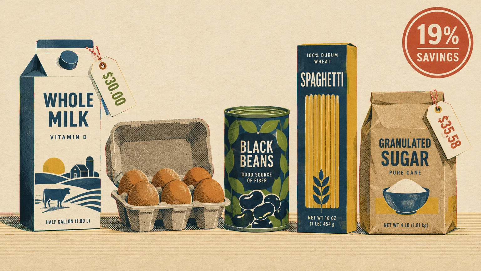 Illustration of grocery staples including milk, eggs, black beans, spaghetti, and sugar with price tags and a savings badge.