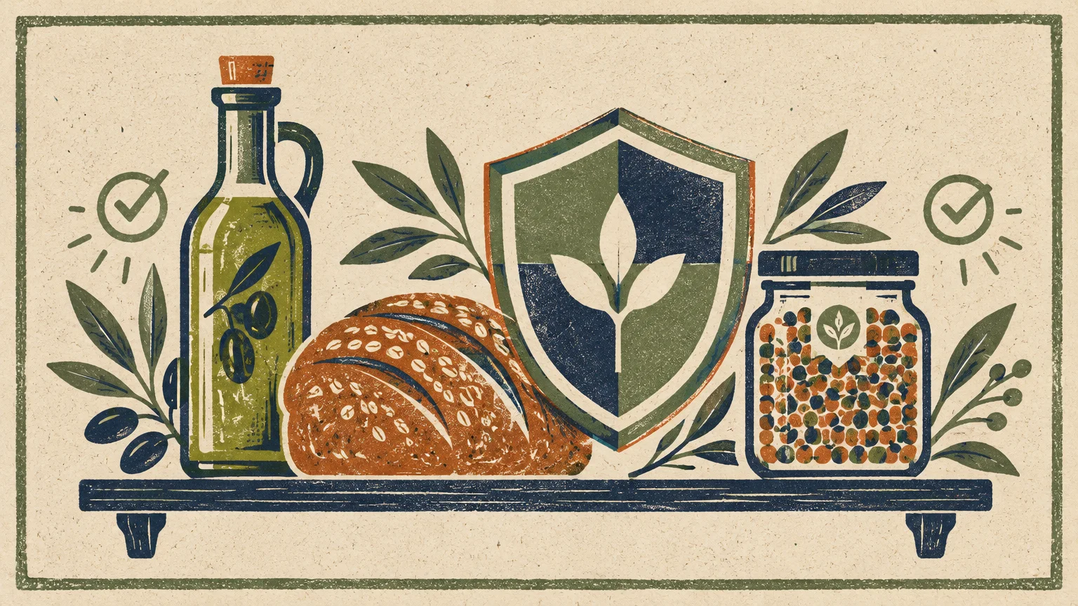 Illustration of olive oil, bread loaf, and jar of lentils on a shelf behind a shield emblem.