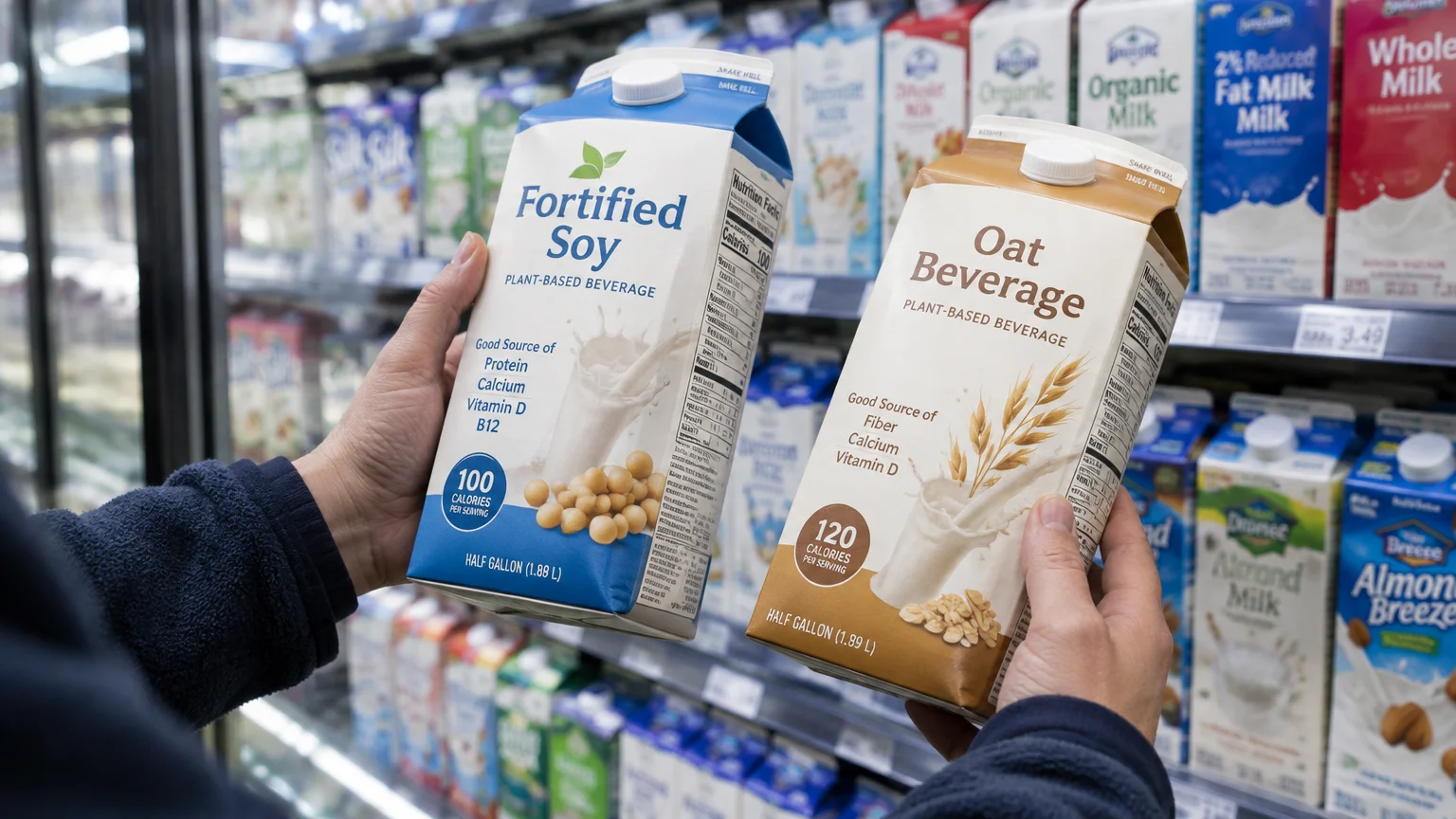 A shopper holds cartons of fortified soy beverage and oat beverage side by side in a grocery store dairy aisle.