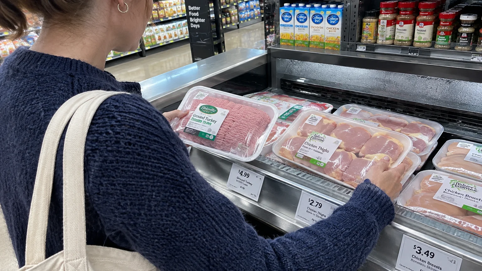 A shopper holding packages of ground turkey and chicken thighs over a supermarket refrigerated meat display.