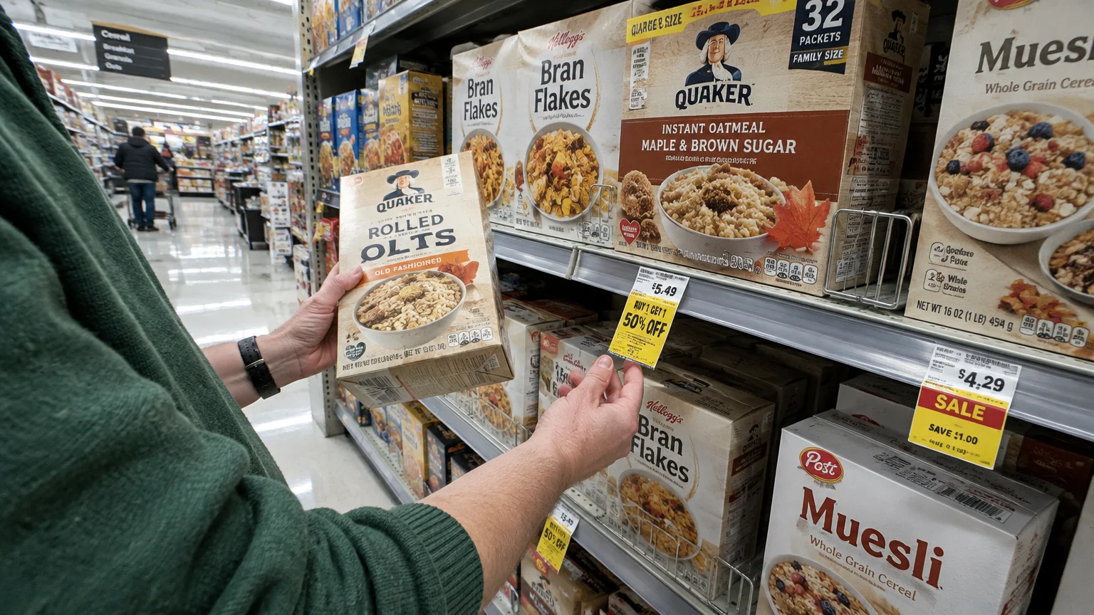 A shopper holding a cereal box in a supermarket aisle while checking a yellow promotional sale tag on the shelf.