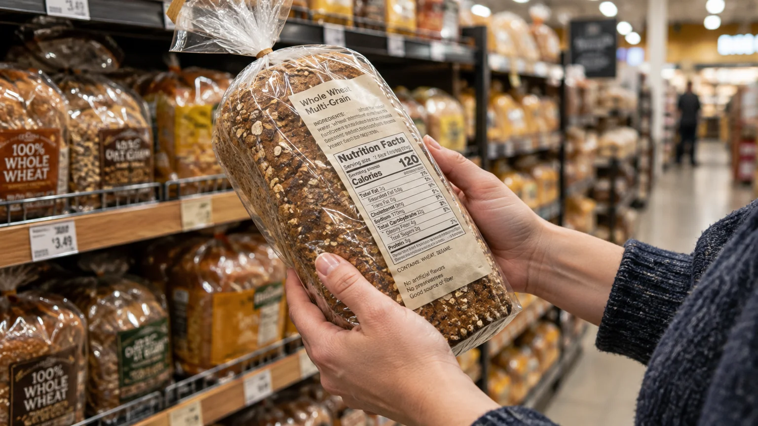 Hands hold a loaf of seeded whole wheat multi-grain bread displaying the nutrition facts label in a supermarket aisle.