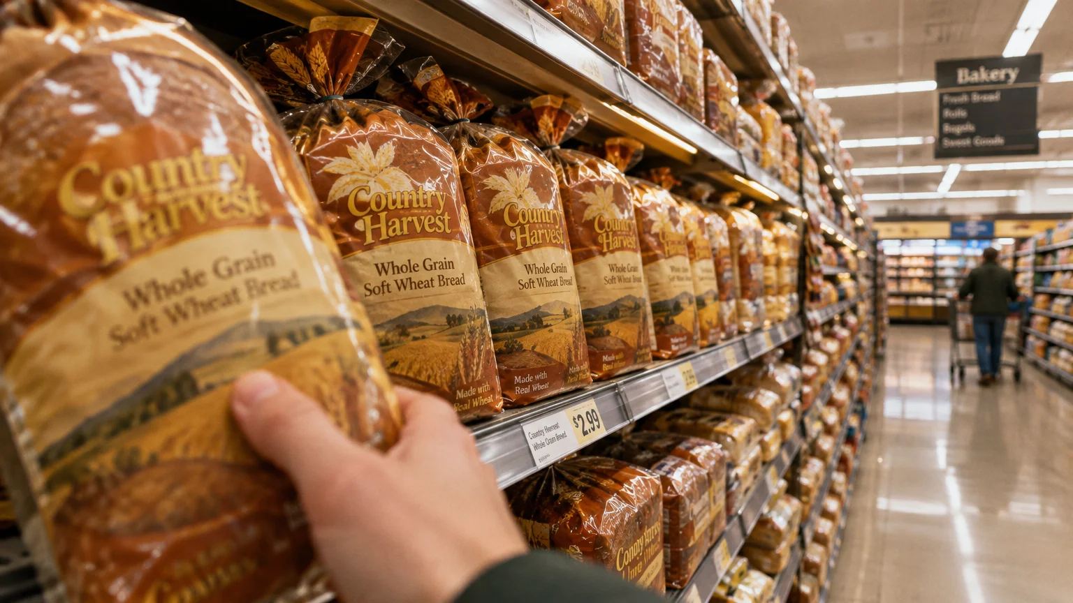 A shopper's hand selecting a loaf of bagged wheat bread from a brightly lit grocery store bakery aisle shelf.
