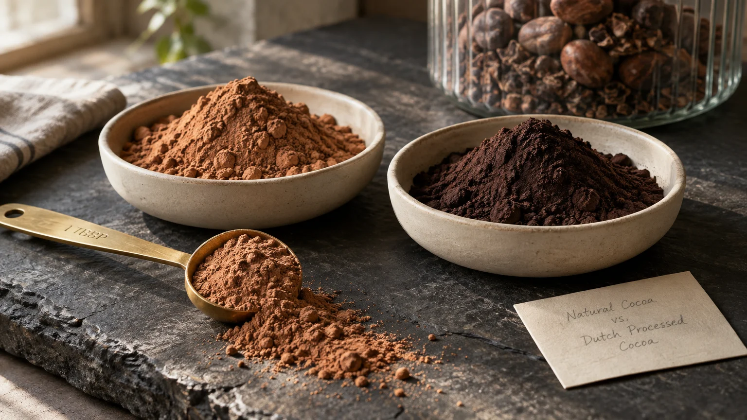 Bowls of light natural cocoa and dark Dutch-processed cocoa powder beside a brass measuring spoon on a dark stone surface.