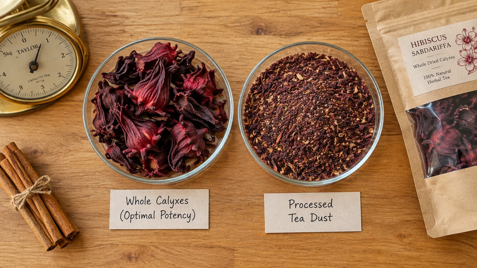 Bowls of whole dried hibiscus calyxes and processed tea dust labeled on a wooden table beside a vintage scale.