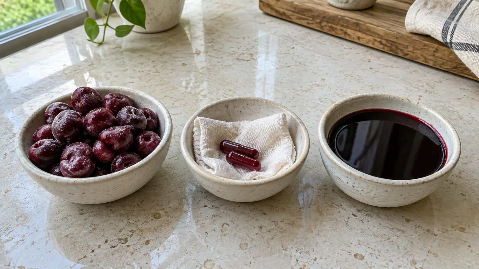 Three small ceramic bowls holding frozen dark cherries, two red capsules on a cloth, and dark red juice on a counter.