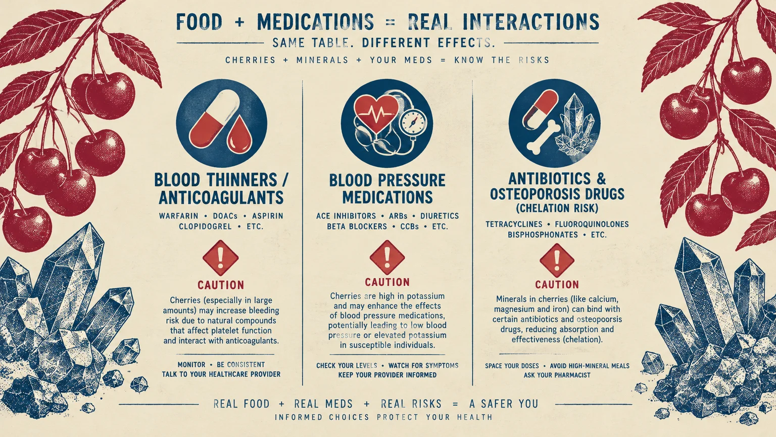 Infographic detailing food and medication interactions for blood thinners, blood pressure drugs, and antibiotics.