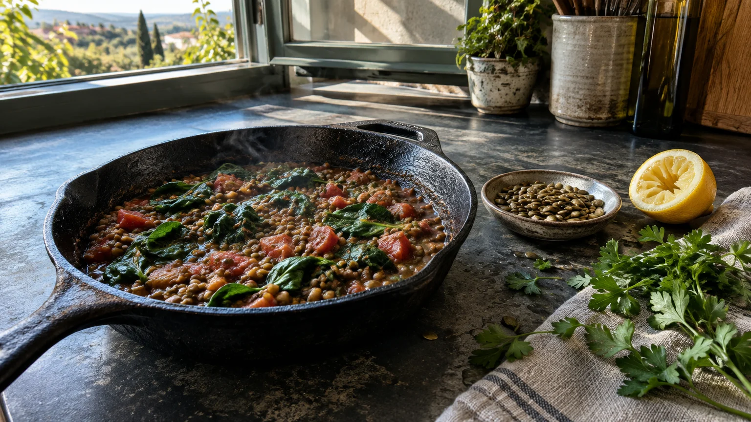 Cast-iron skillet of steaming lentil stew with spinach and tomatoes, beside pumpkin seeds, a juiced lemon, and parsley.