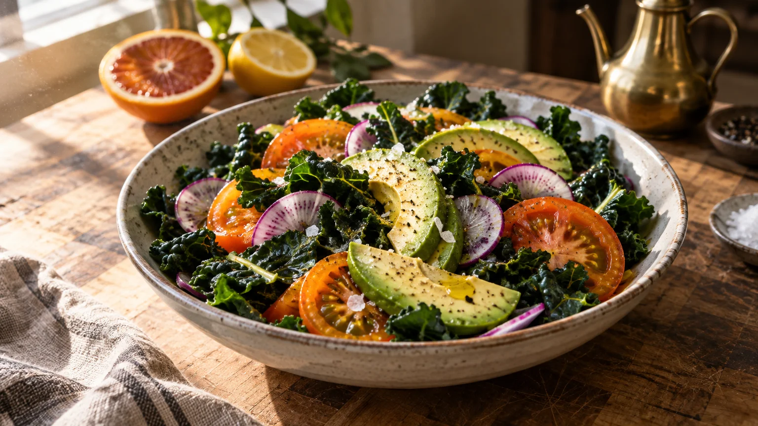 A rustic bowl of salad with kale, sliced avocado, tomatoes, and radishes, beside halved citrus on a wooden table.