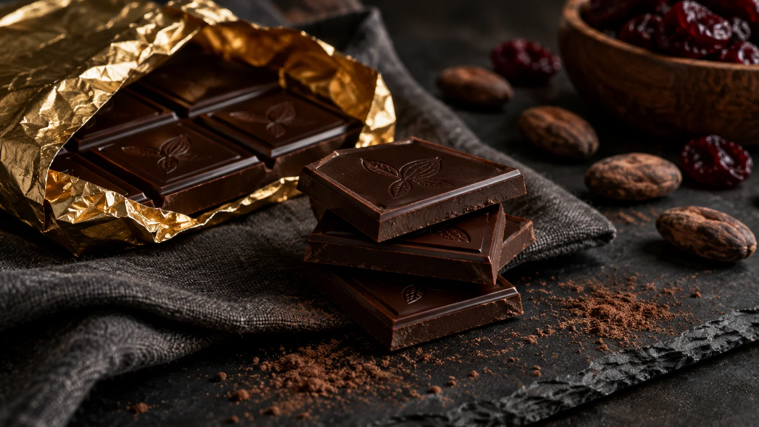 Dark chocolate bar unwrapped from gold foil, with chocolate squares stacked beside cocoa beans and dusted cocoa powder.