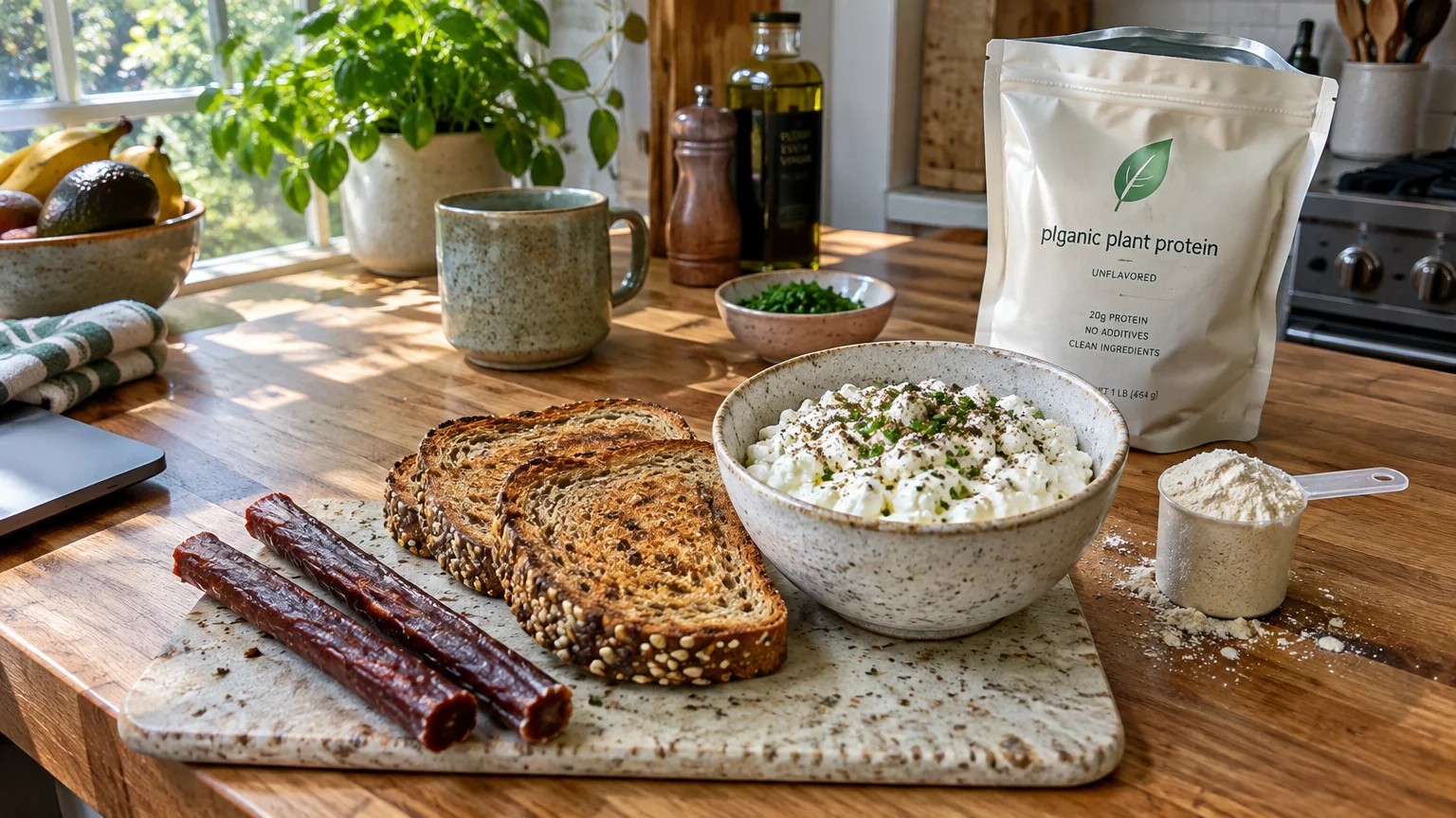 A bowl of cottage cheese, toasted bread, meat sticks, and a pouch of plant protein powder on a kitchen counter.
