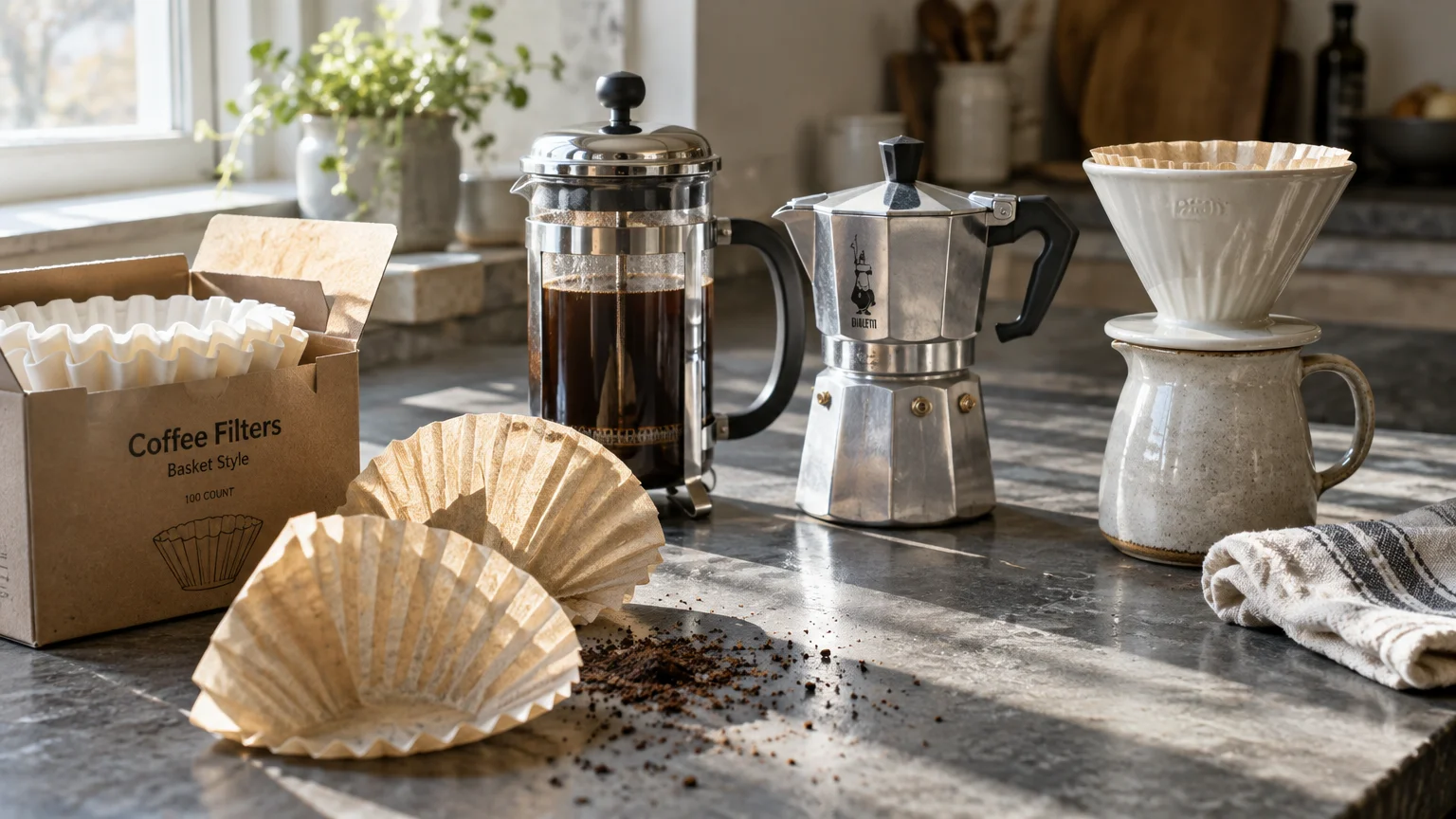 Coffee filters in a box alongside a French press, a moka pot, and a ceramic pour-over dripper on a marble counter.