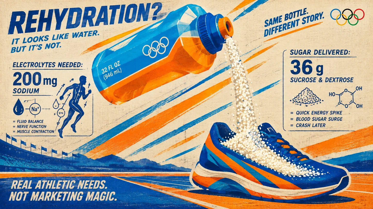 An orange and blue sports drink bottle pours sugar crystals into an athletic shoe on a running track infographic.