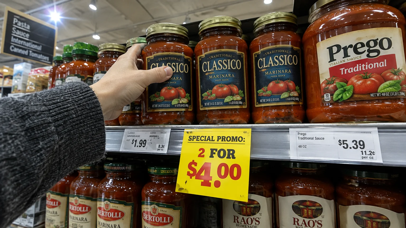 Hand reaching for a jar of Classico marinara pasta sauce on a supermarket shelf with a yellow promo tag.