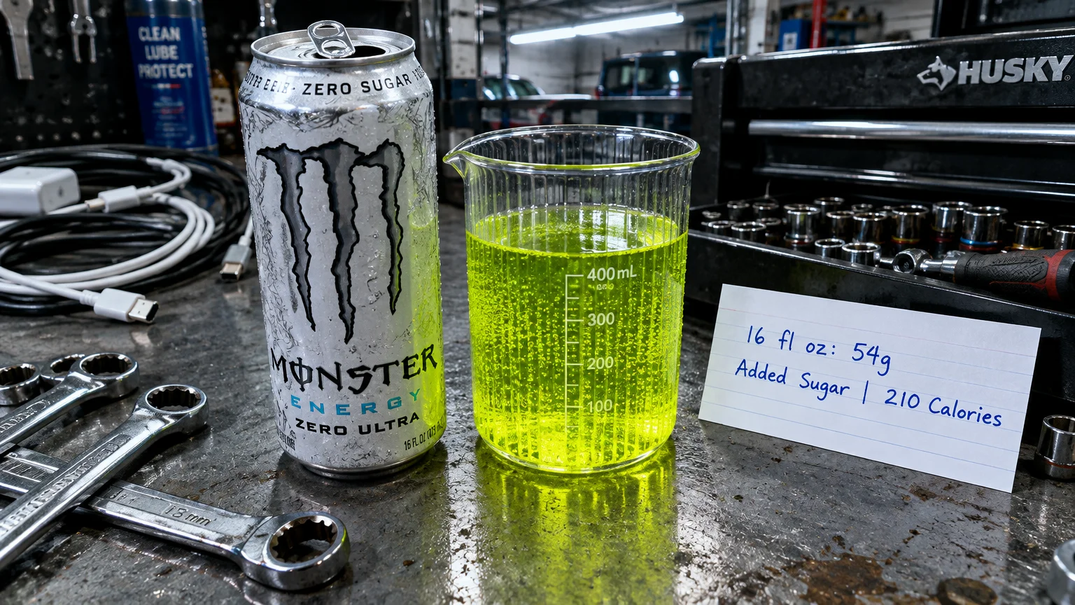 A can of Monster Energy Zero Ultra beside a beaker of bright green liquid and a handwritten note on a metal workbench.