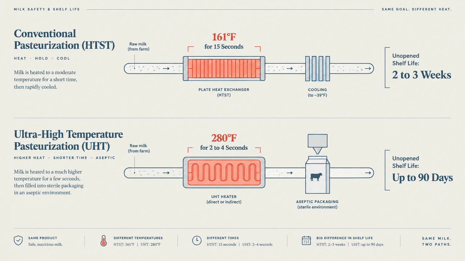 Diagram comparing Conventional Pasteurization HTST heating to 161°F with Ultra-High Temperature UHT heating to 280°F.