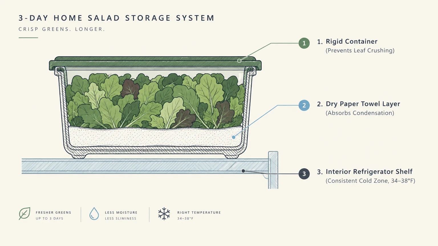 Labeled diagram of salad greens over a paper towel layer inside a clear container on a refrigerator shelf.